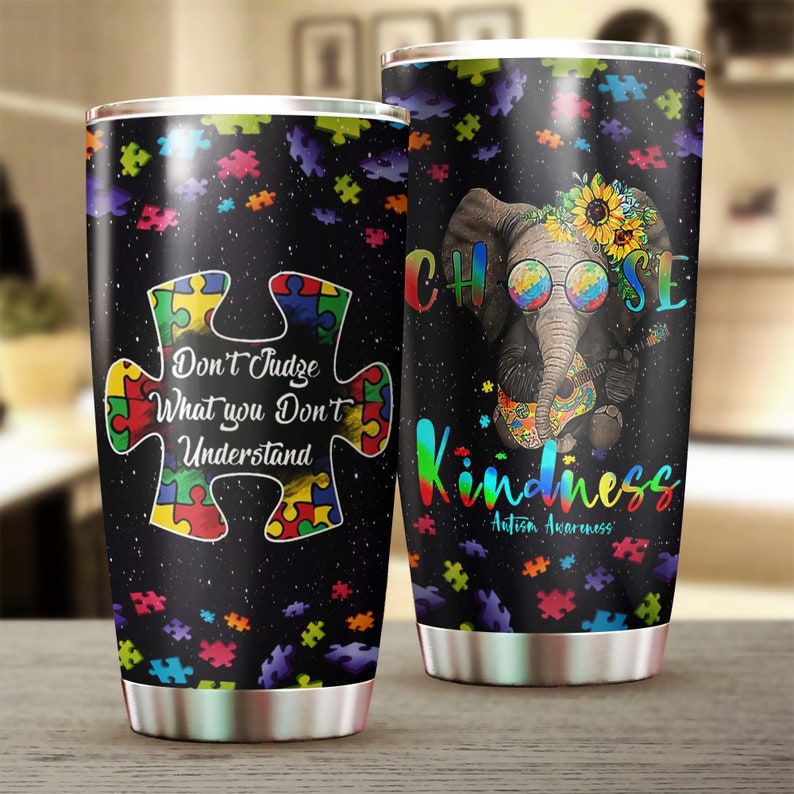 Elephant Autism Choose Kindness Personalized Steel Tumbler- Autism Tumbler – Autism Gift – Gift For Autism Parent – Gift For Autism Child