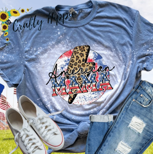 American Mama Leopard Bolt Tee, Fourth Of July, Independence Day Bleached Tshirt