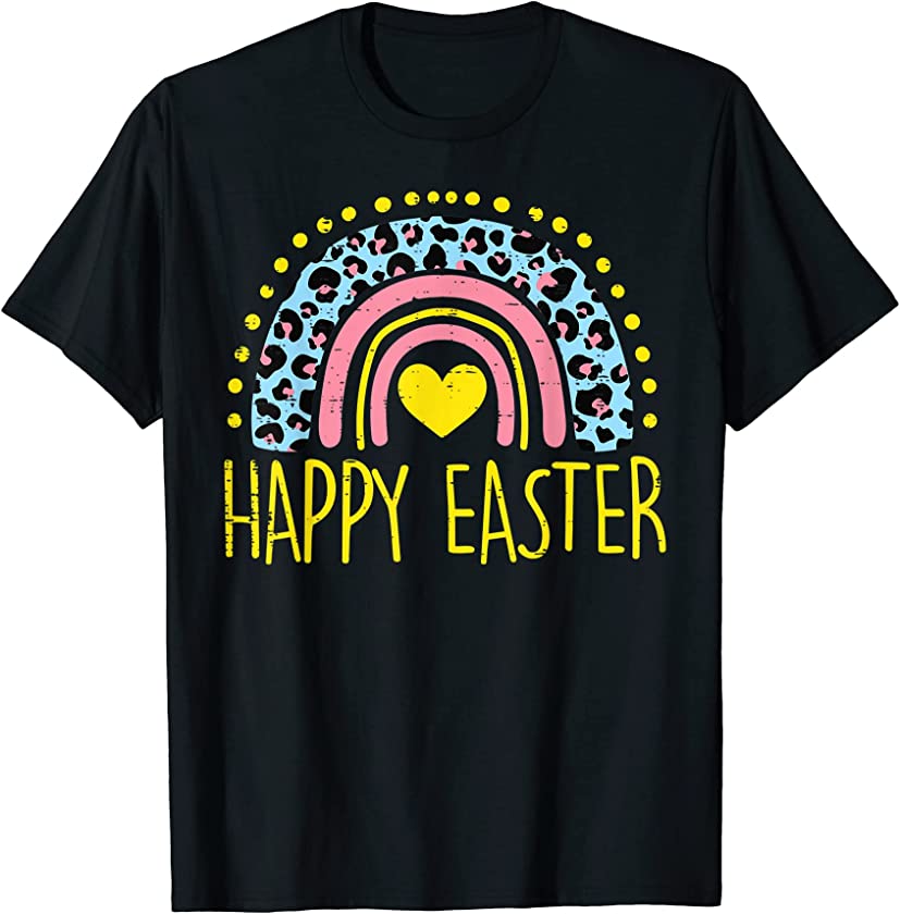 Blue Leopard Rainbow Happy Easter Teacher Women Girls Kids T-Shirt