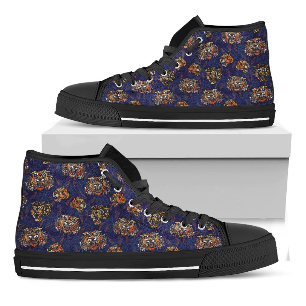 Blue Tiger Tattoo Pattern Print Black High Top Shoes