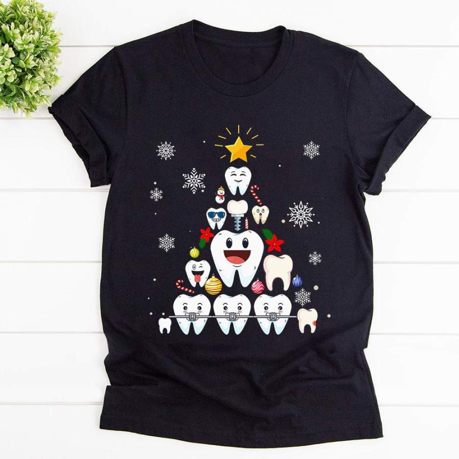 Dental christmas tree teeths candy cane snow winter season ornament lovers black cotton t shirt for men and women S-6XL