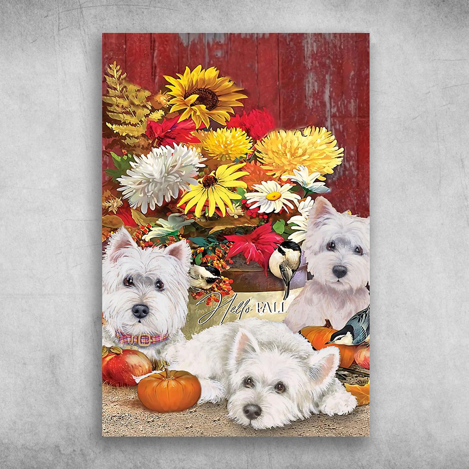 Three White Terrier Dogs And Flowers Poster Print Wall Art Canvas Wall Decor