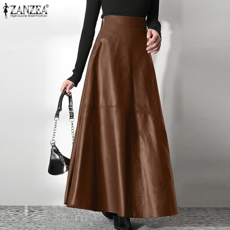 ZANZEA Women’s Skirts Zipper PU Fashion High Waist A-line Skirt Office Ladies 2022 Spring Casual Solid Bottom Femme Oversize alx