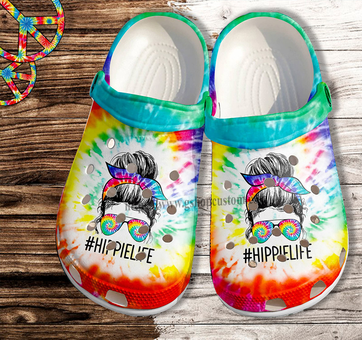 Hippie Cool Girl Glasses Croc Shoes- Hippie Life Rainbow Shoes Croc Clogs Gift Birthday Girl- Cr-Ne0318