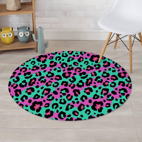 Teal Pink Leopard Round Rug