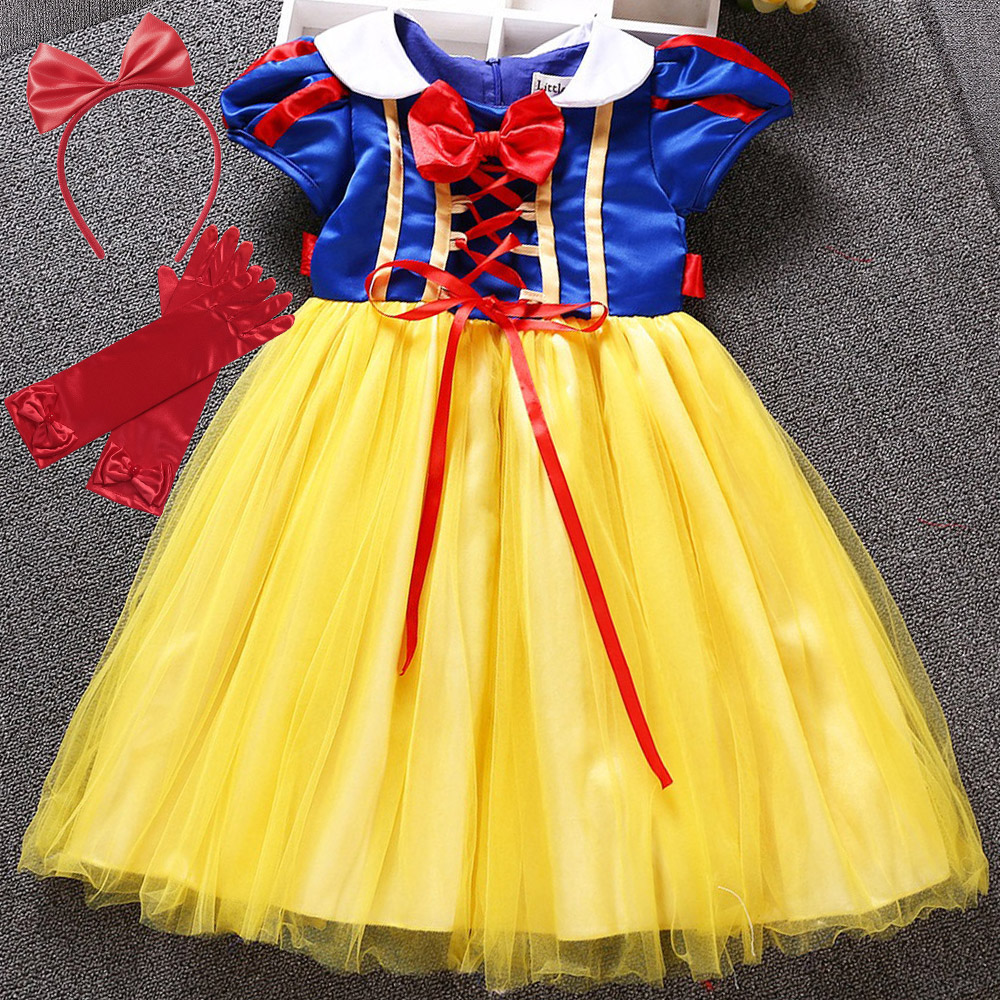 2 4 6 8 10 12 Years Girl Summer Snow White Tutu Cosplay Costume Knee Length Fancy Bow Dress with Headband Princess Party Clothes alx