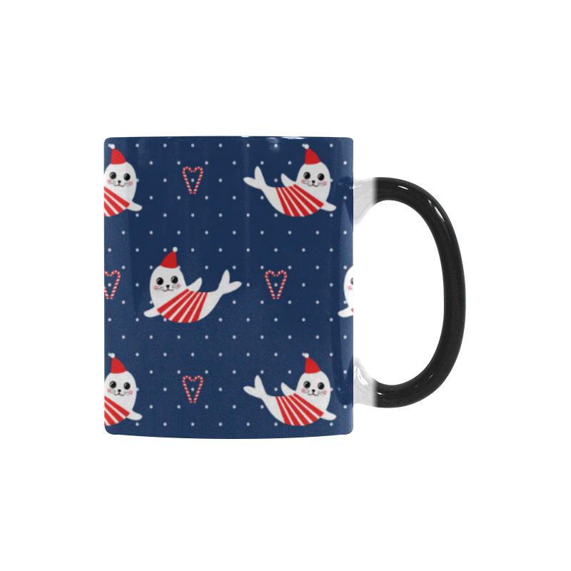 Cute sea lion seal christmas hat candy cane heart Morphing Mug Heat Changing Mug