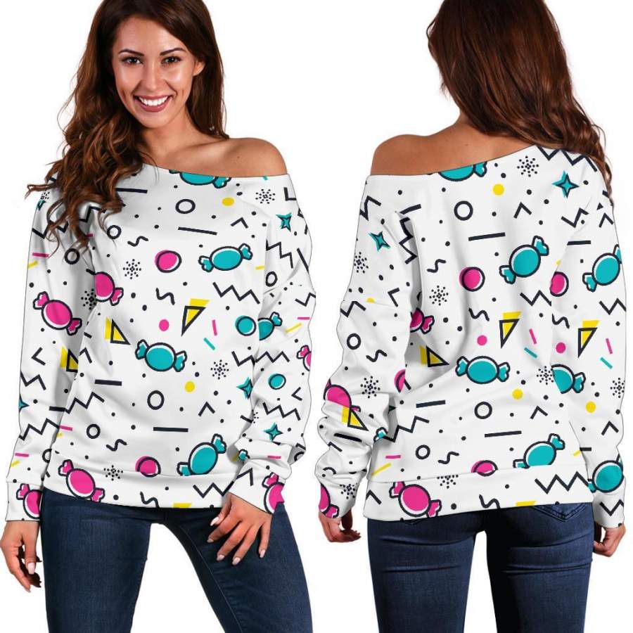 Candy Print Pattern Women Off Shoulder Sweatshirt