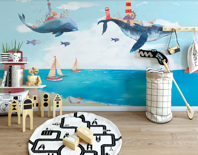 3D Watercolor Sea Whale Lighthouse Wall Mural Wallpaper Lqh 31