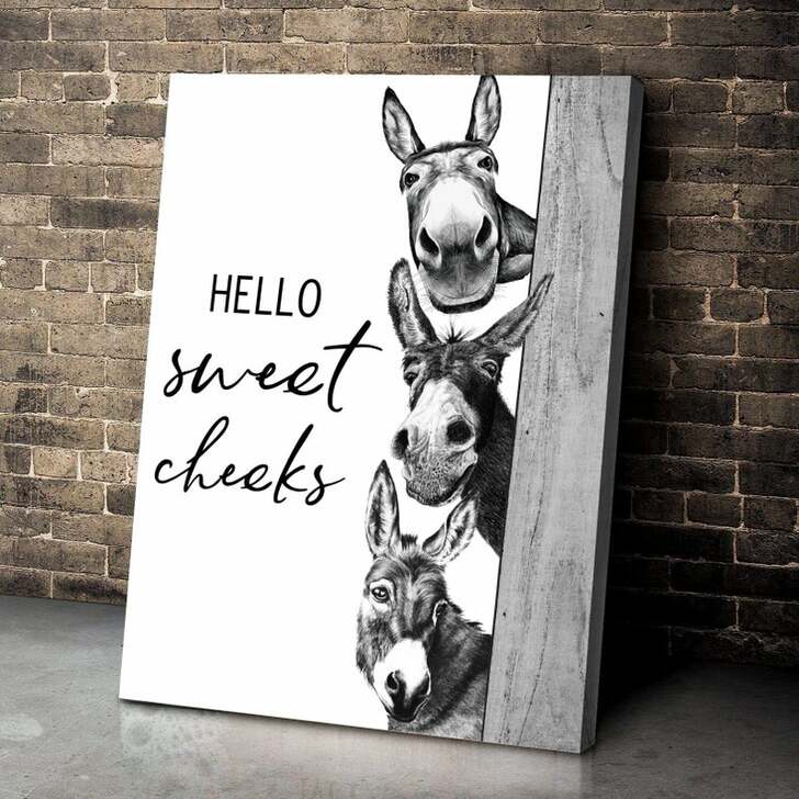 Three Donkeys Hello Sweet Cheeks, Cute Funny Home Decor WallArt Canvas