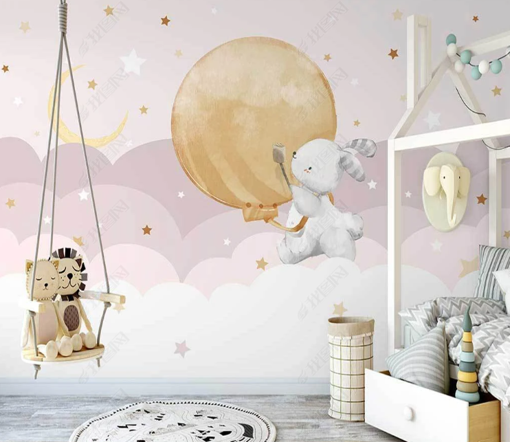 3D Cartoon Moon Cloud Animal Rabbit Wall Mural Wallpaper Lqh 358