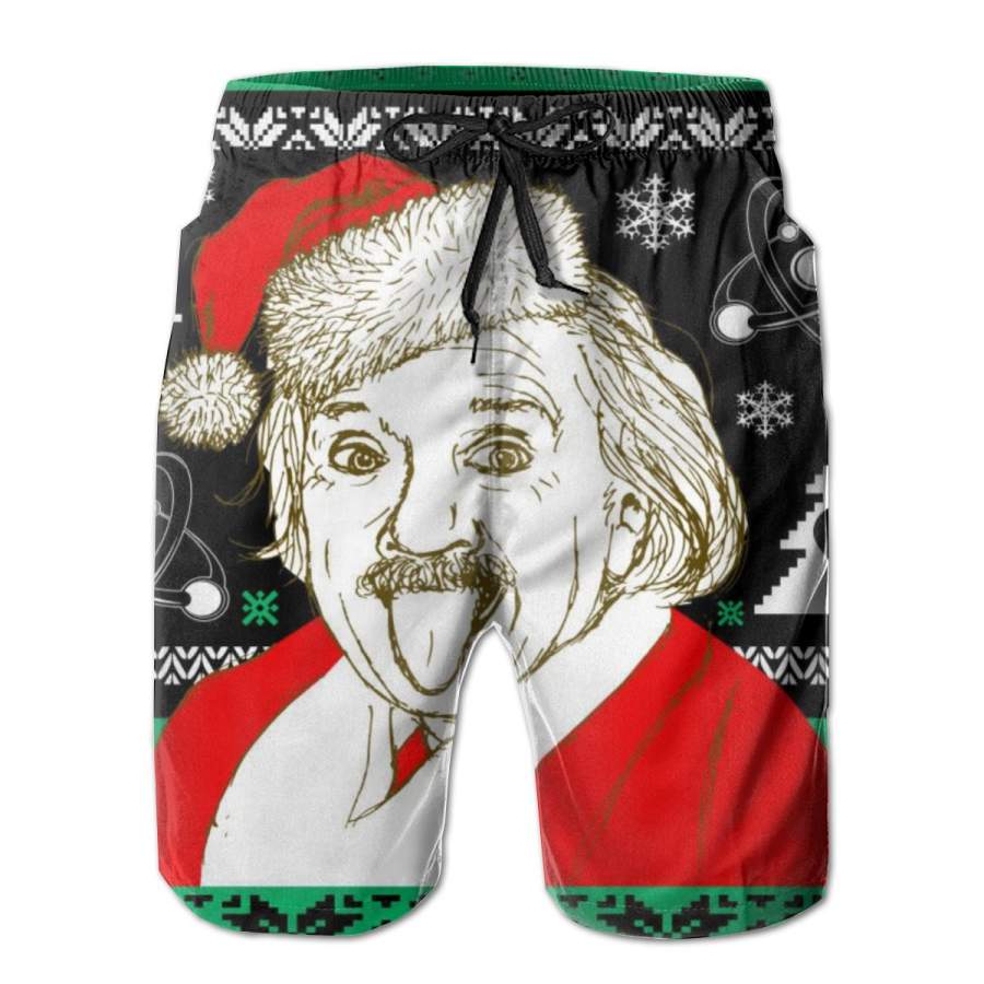 2 Pack Albert Einstein Ugly Christmas Sweater Poster Men Swim Trunks Drawstring Elastic Waist Quick Dry Beach Shorts with Mesh Lining Swimwear Bathing Suits