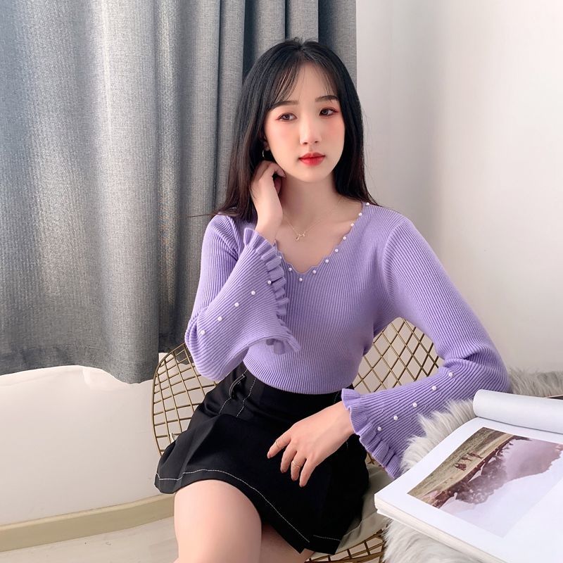 Women’s Orange V-Neck Long Sleeve Sweater Women’s Wear 2021 Summer New Nail Bead Fashion Casual Thin Sexy Pullover Sweater alx