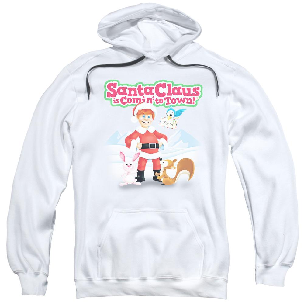 Santa Claus Is Comin To Town Animal Friends Mens Hoodie White