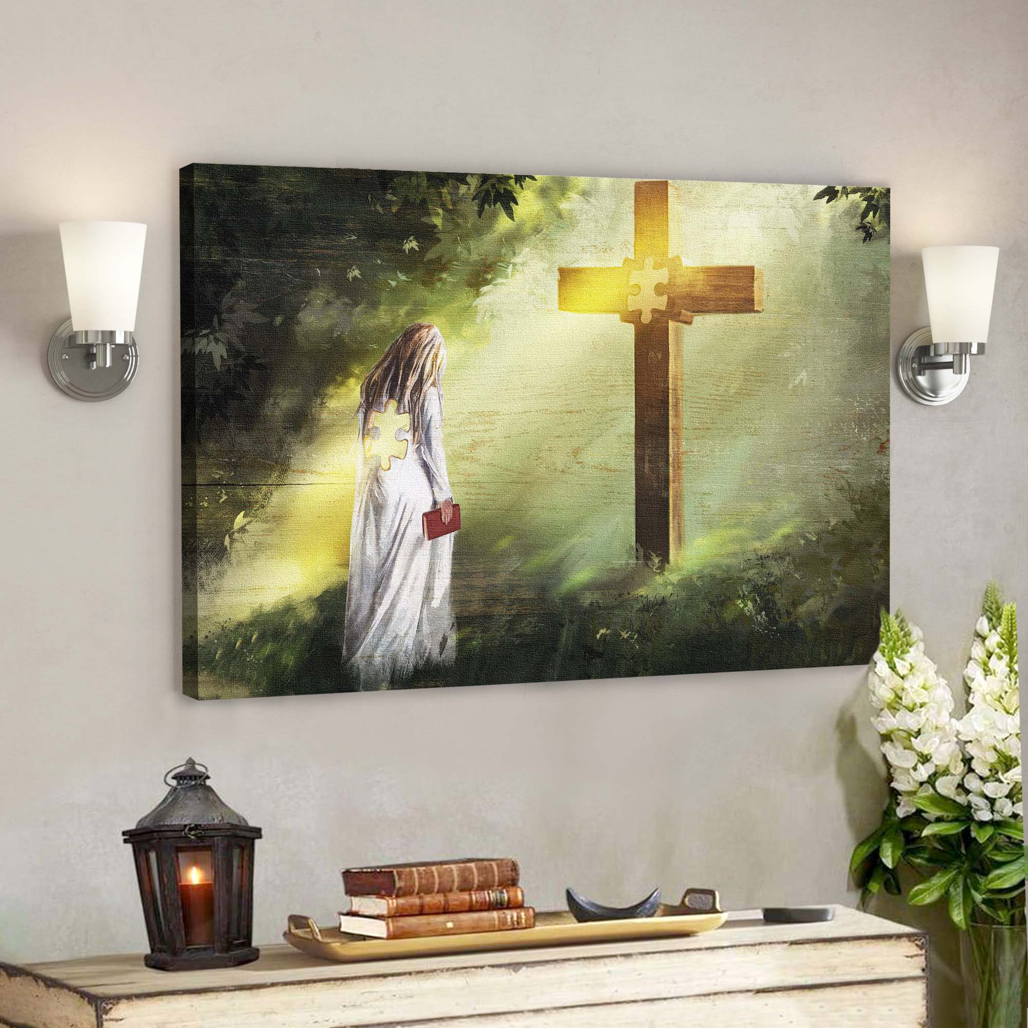 Girl Bowing Before Cross Canvas Wall Art – Bible Verse Canvas – Scripture Canvas Wall Art – Ciaocustom