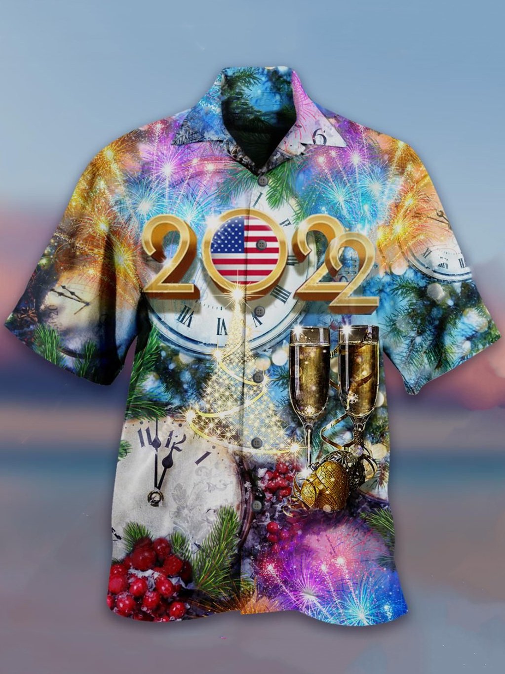 Mens Happy New Year Print Casual Breathable Short Sleeve Hawaii Shirts Ha96239