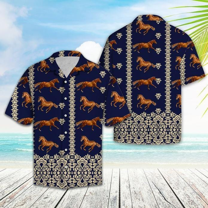 Horse Pattern Navy Hawaii Shirts H Ha65222