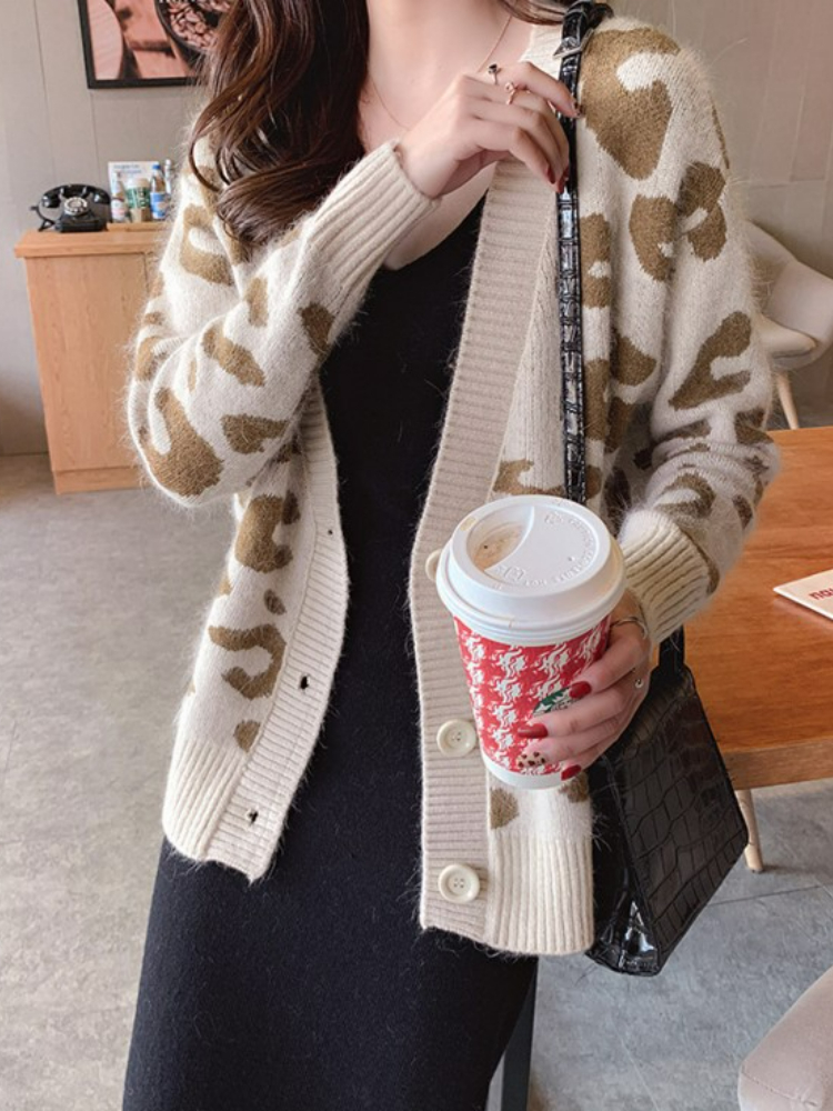 Autumn Winter 2022 New Knitted Leopard Sweaters Women Korean V Neck Thick Print Cardigan Coat Loose Fashion Button Outwear Tops alx