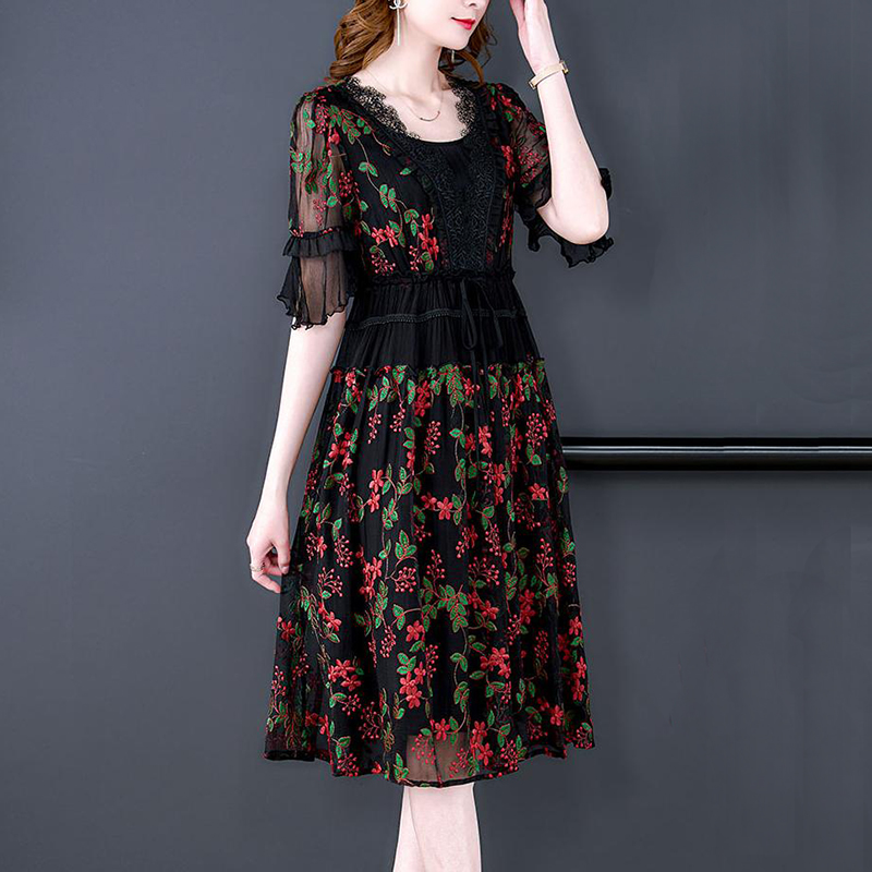 Women Black Embroidery Floral Natural Silk Midi Dress Summer Flare Sleeve Hollow Out Sexy Dress 2022 Korean Vintage Party Dress alx