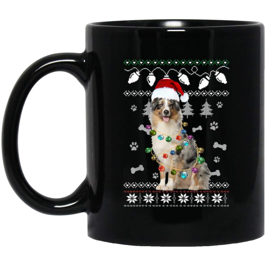 Australian Shepherd Christmas Dog Light Ugly Sweater 11 oz 15 oz Mug Black