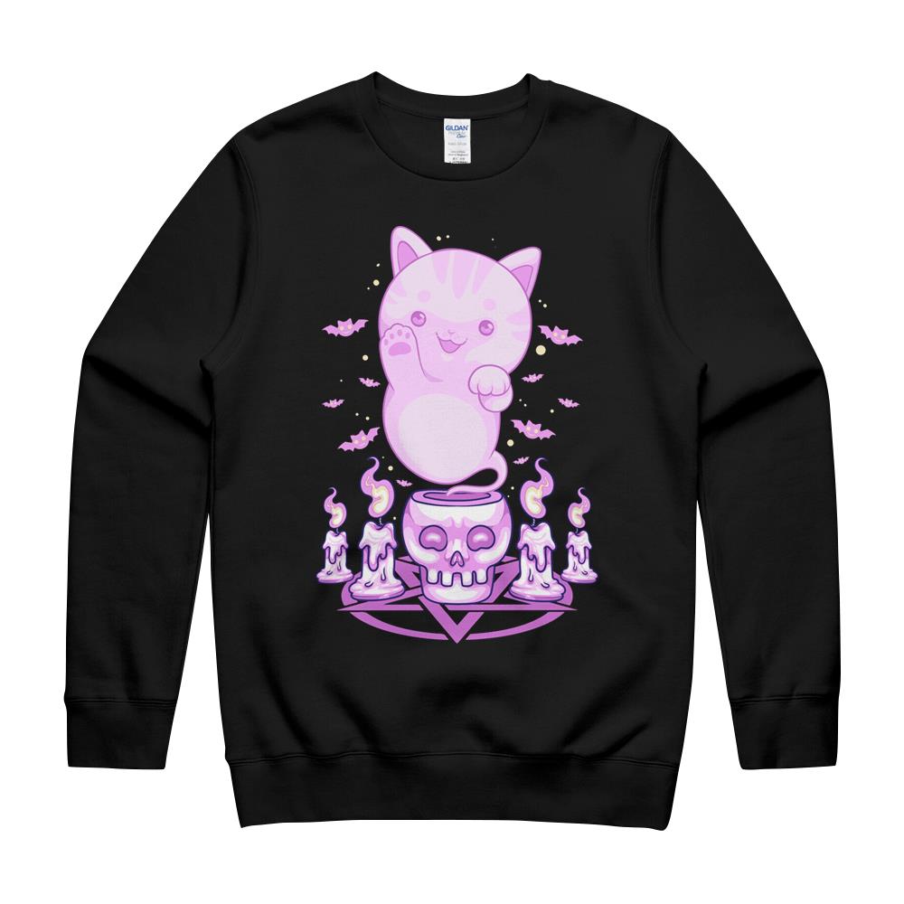 Pastel Goth Ghost Cat Boo Halloween Kitten Aesthetic Occult Sweatshirt Crewneck Sweatshirt