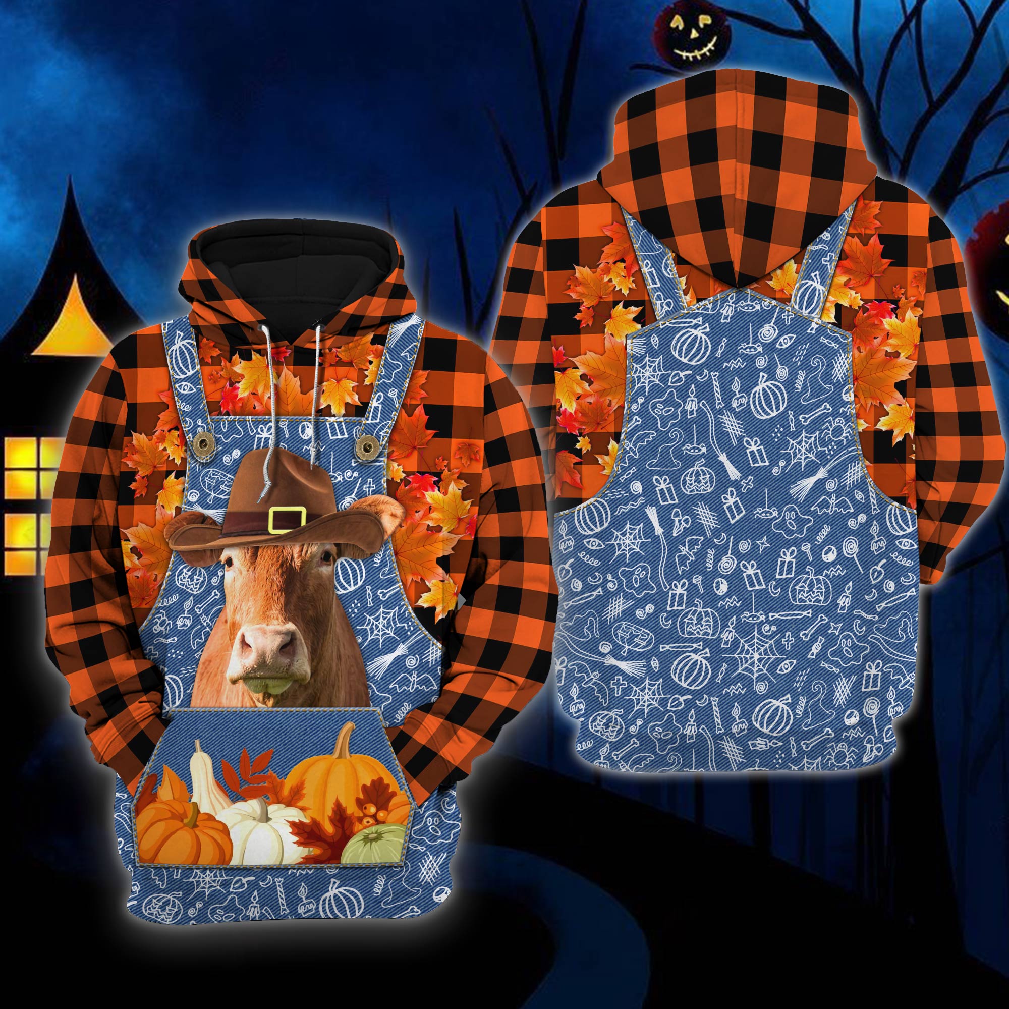 Coolspod Happy Halloween Limousin Orange Plaid All Printed 3D Hoodies