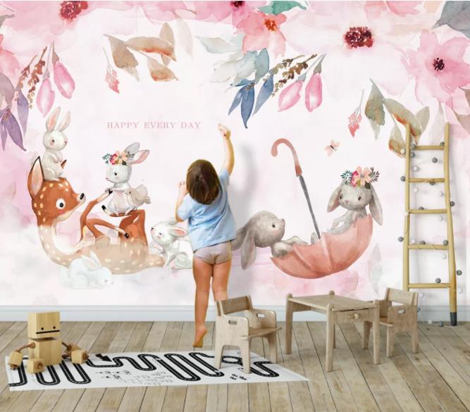 3D Nordic Fresh Pink Reindeer Rabbit Wall Mural Wallpaperpe 387