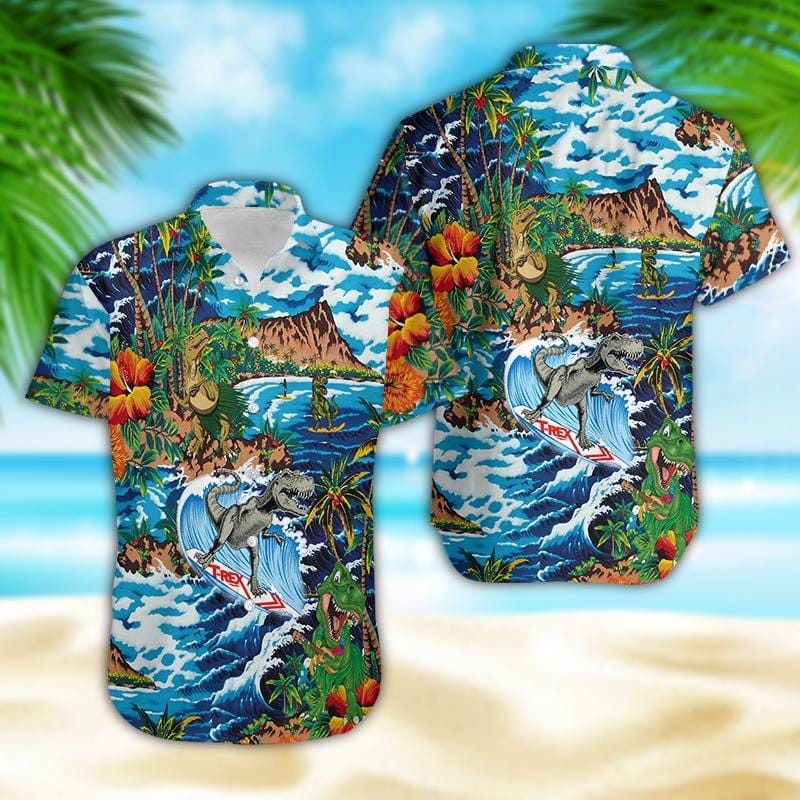 Funny Dinosaur Surfing On Tropical Island Hawaii Aloha Shirts Dh Ha102683