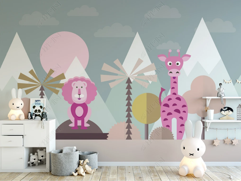 3D Cartoon Mountain Coconut Tree Lion Giraffe Wall Mural Wallpaper Lqh 51