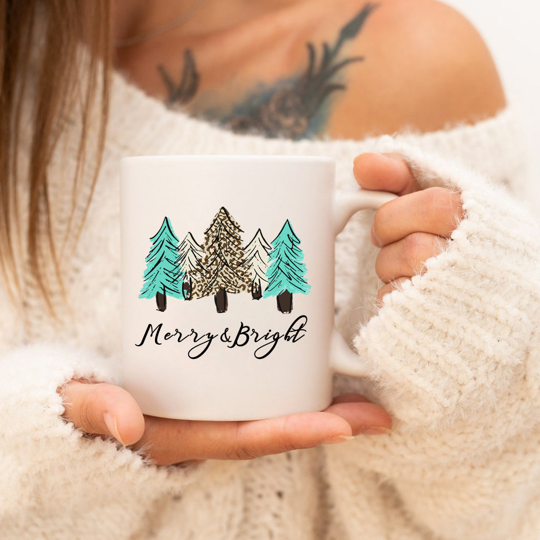 Christmas Tree Gift Mug, Merry And Bright Mug, Leopard Xmas Mugs, Christmas Eve Mugs