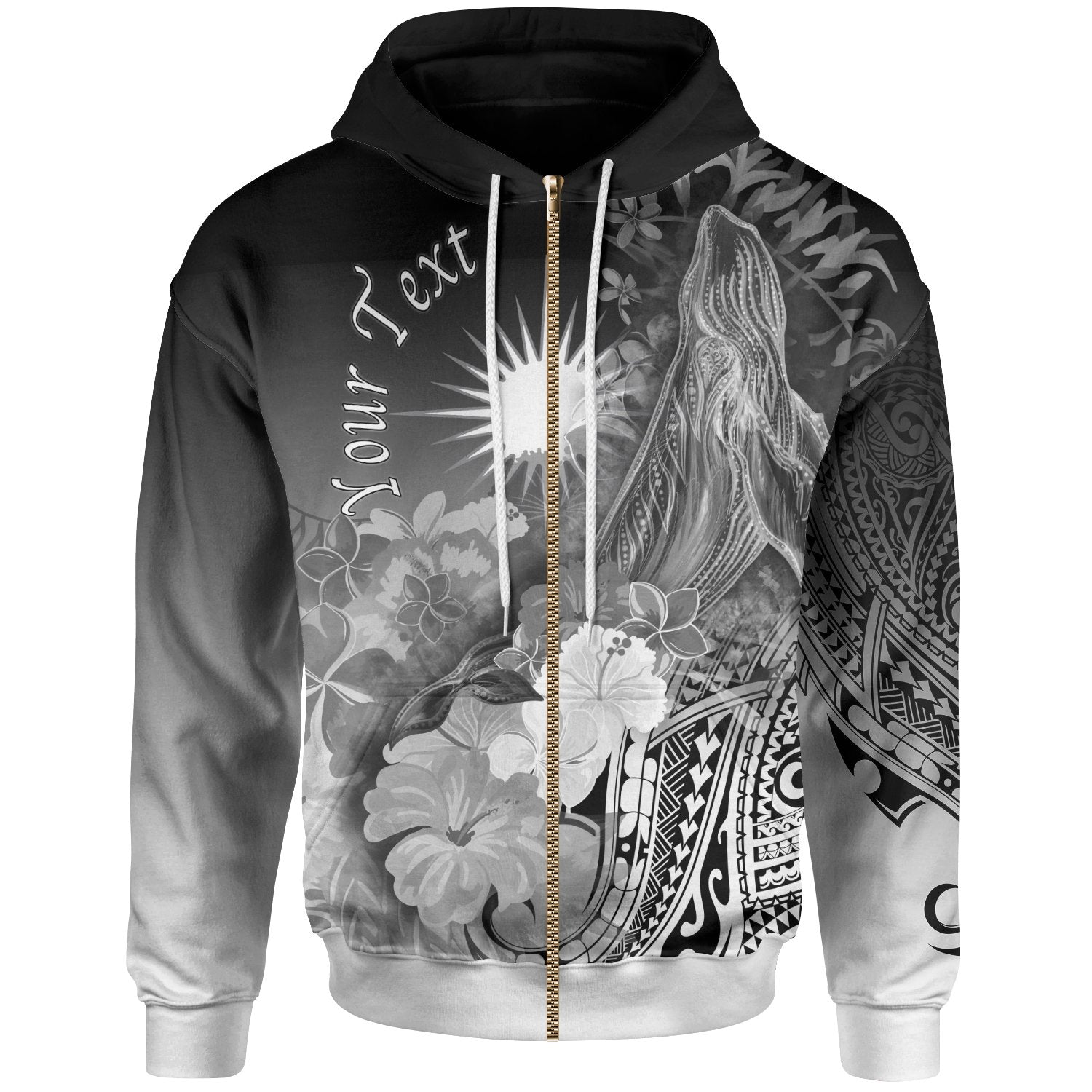 Marshall Islands Custom Personalised Zip-Up Hoodie – Humpback Whale With Tropical Flowers (White)