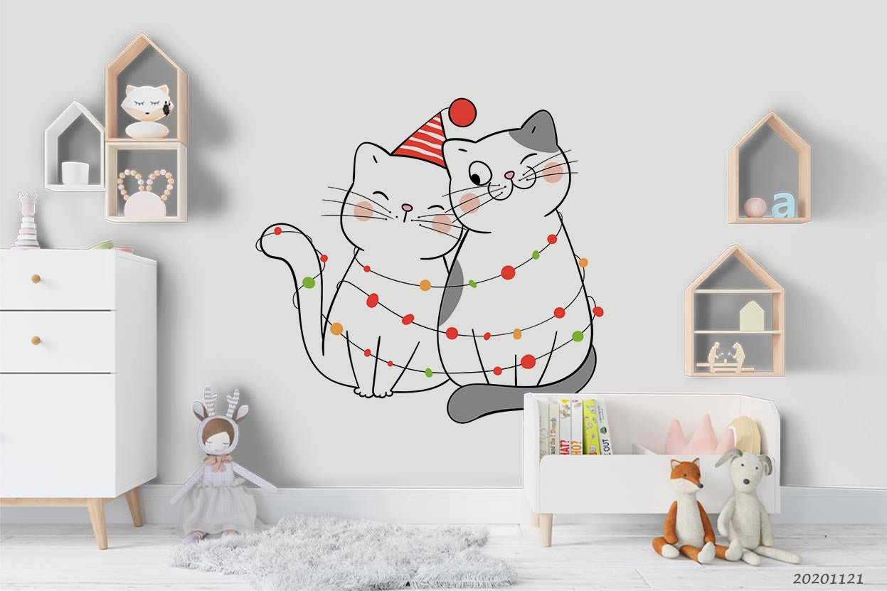 3D Cartoon Hand Drawn Couple Cat Animal Wall Mural Wallpaper Lxl