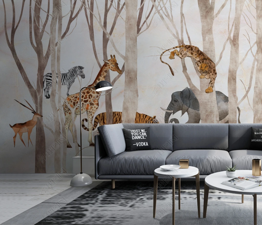 3D Hand Drawn Forest Animals Wall Mural Wallpaper Lqh 188