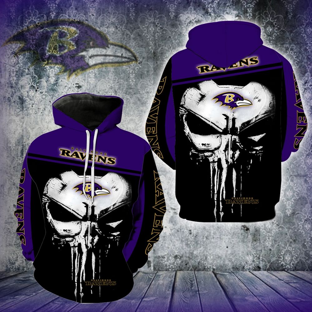 3D DIGITAL PRINT SPORTS PULLOVER HOODIES PUNISHER & BALTIMORE RAVENS