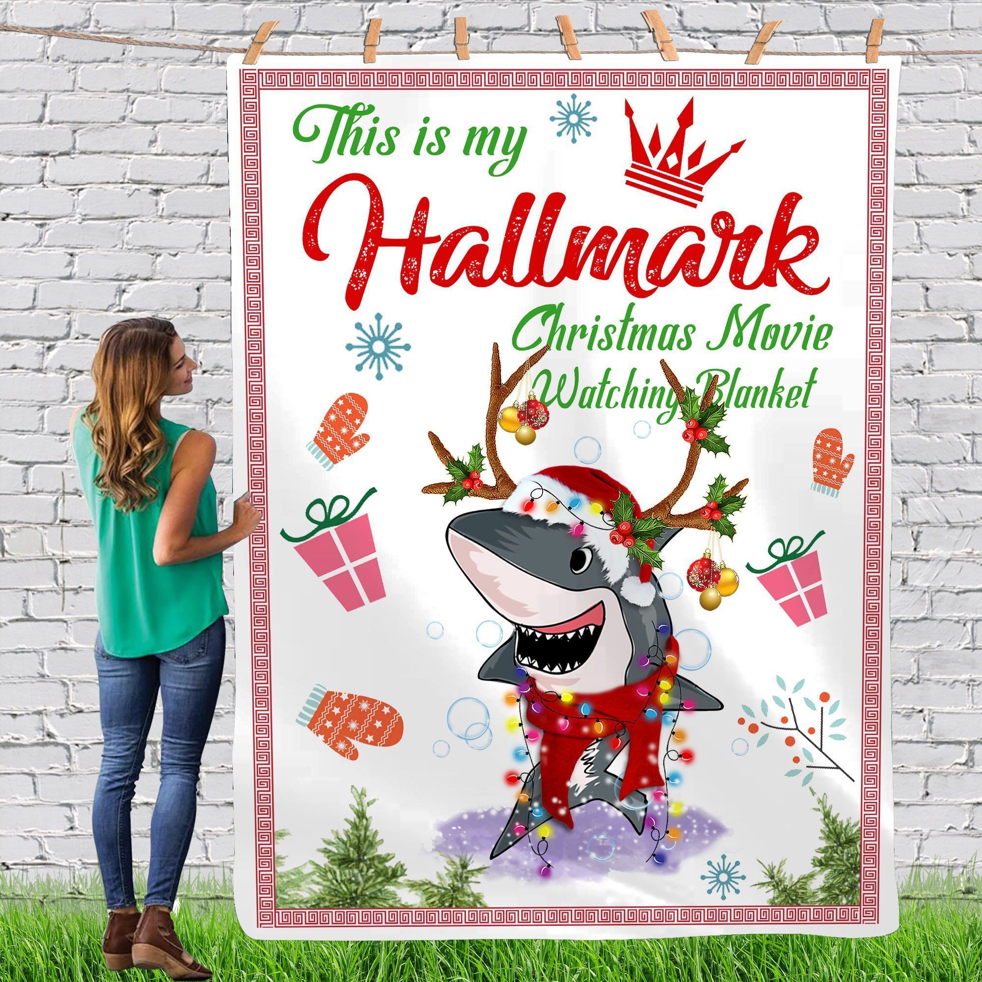 Shark Gorgeous Reindeer Christmas Hat Red Scarf Funny Merry Christmas Light Xmas Fleece Blanket, Custom Blankets