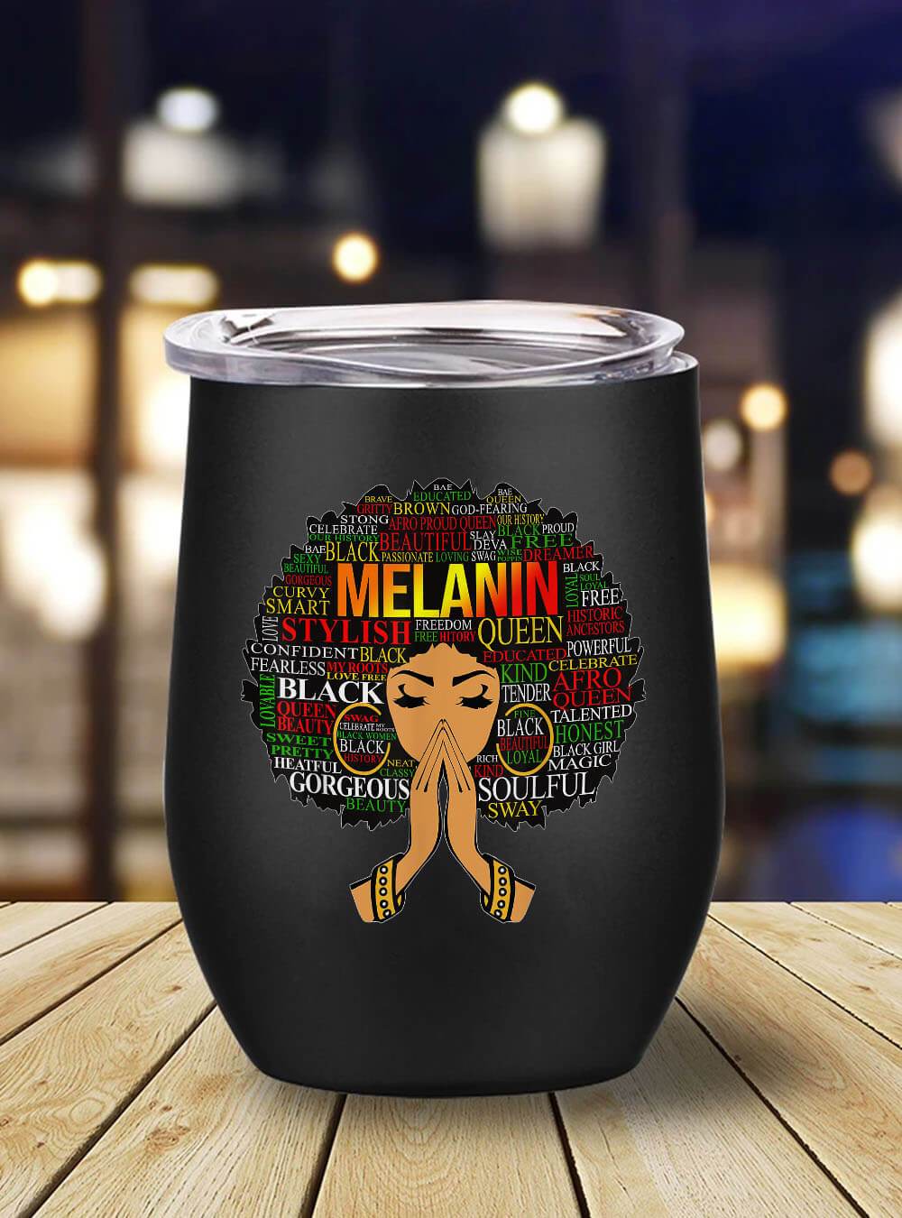 African American Tumbler Melanin Words Art Afro Natural Hair Black Queen Gift Stainless Steel Wine Tumbler Mug Afrocentric Inspired Gifts BPS1036