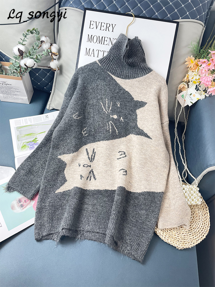 Y2k Oversized Sweater Cat Jacquard Knitted Pullovers 2022 Autumn Winter Girls Kawaii Turtleneck Jumper Lq_songyi LQ9 alx