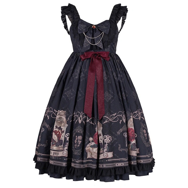 Black Style Skirt Nightingale and Rose Gothic Style Dark Lolita Dress Korean One-piece Dress Party Dress Goth Dress alx