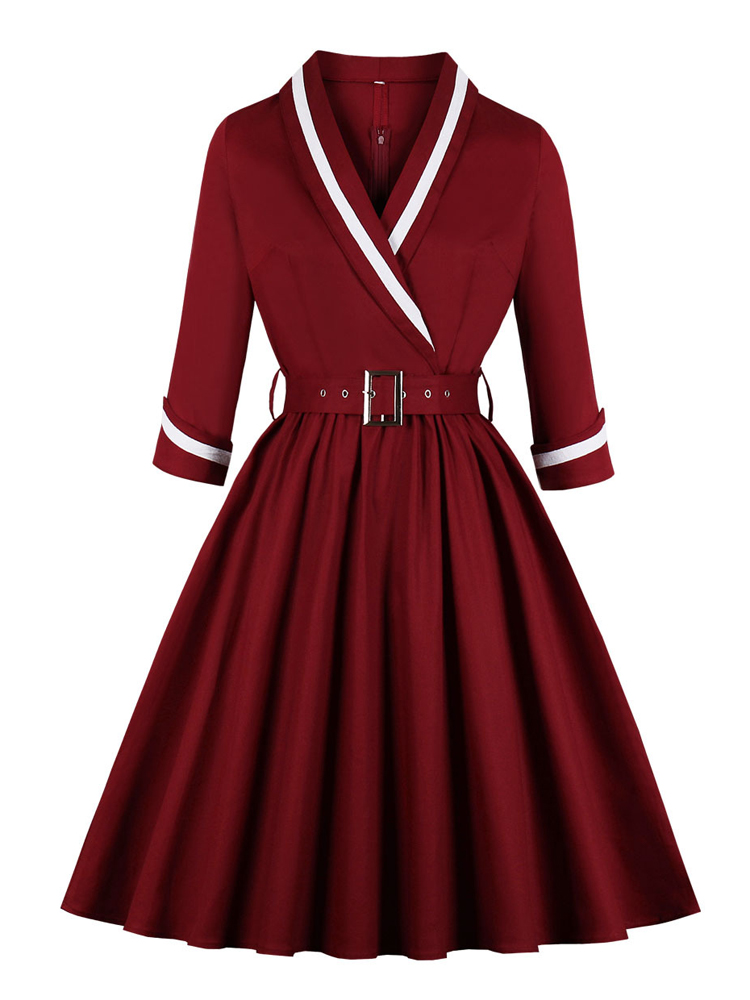 Tonval Vintage Style Wrap Belted Elegant Pleated Autumn Dress Women 2022 Winter Robe Femme 3/4 Length Sleeve Cotton Dresses alx