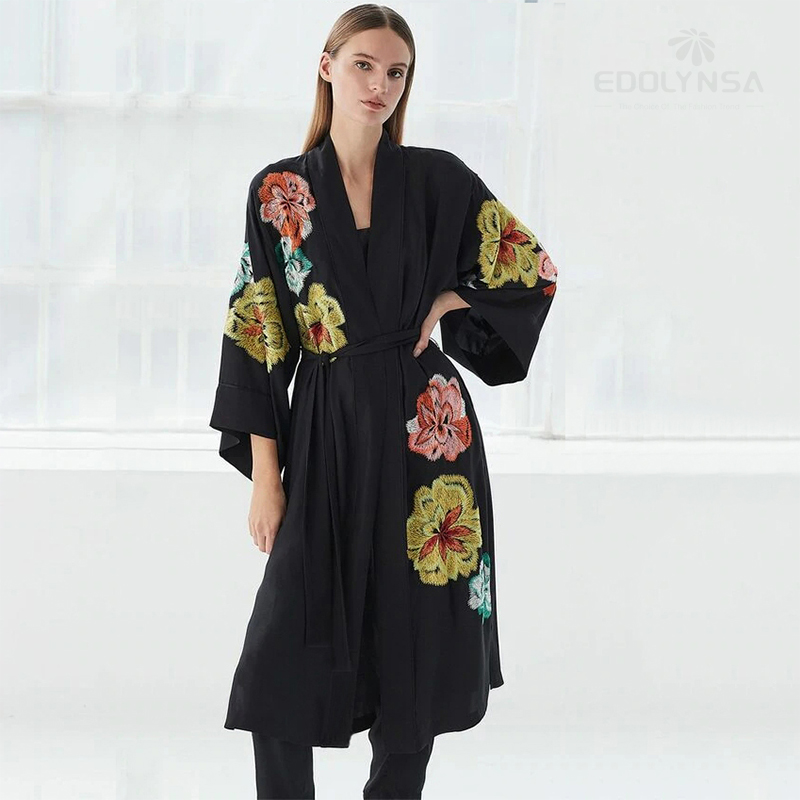 2022 Black Elegant Embroidered Self Belted Long Kimono Long Sleeve Plus Size Women Clothing Summer Beach Wear Maxi Dress Q1370 alx