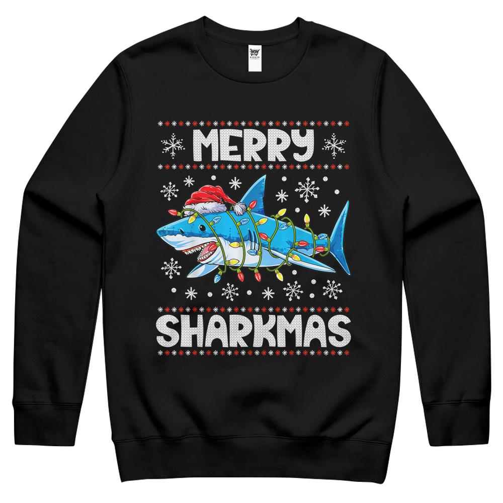 Merry Sharkmas Shark Santa Ugly Christmas Lights Boys Xmas Crewneck Sweatshirt T-Shirt