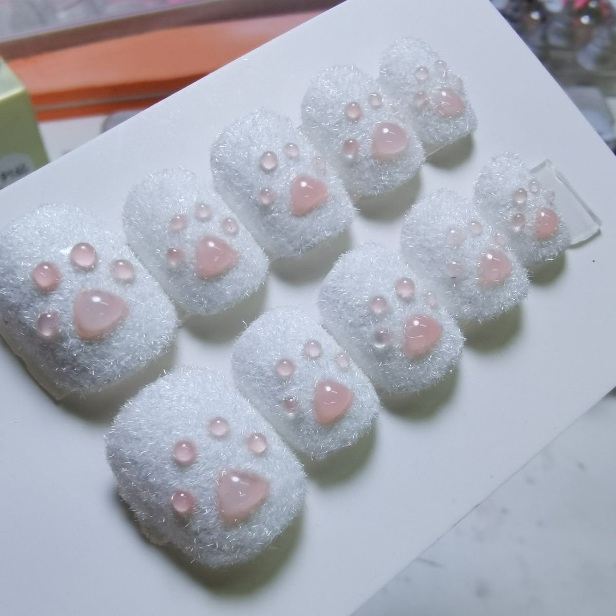 White Fluffy Pink Puppy Paw Press On Nails / 3D Snow Puppy Pow Fake Nails/Paw Nails/Y2K Nails Kawaii Nails / Cute Nails #220