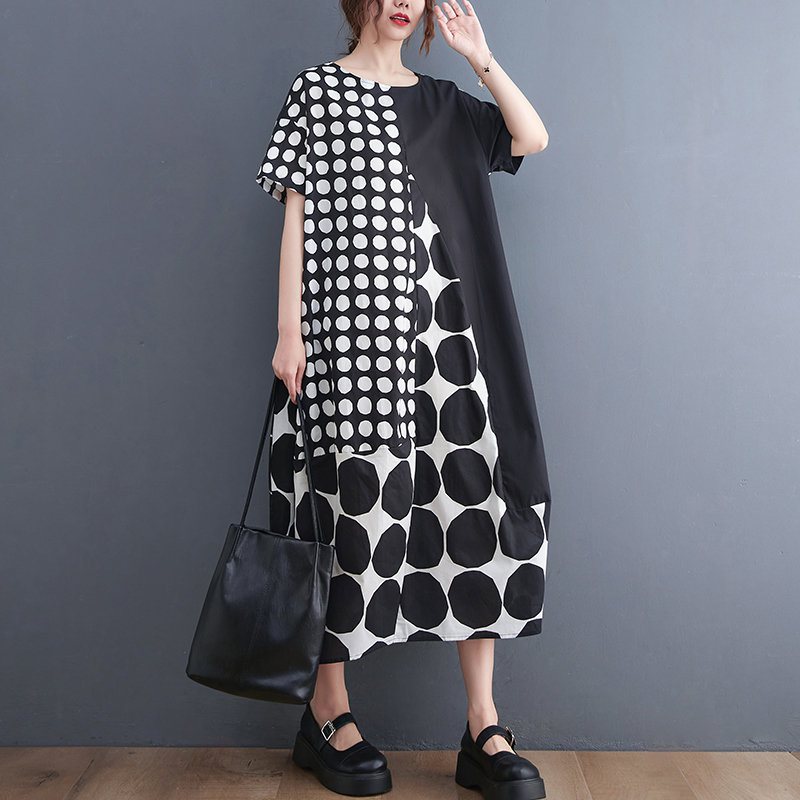 2022 New Arrival Japan Style Print Polka Dots Patchwork Street Fashion Chic Girl’s Summer Shirts Dress Women Casual Midi Dress alx