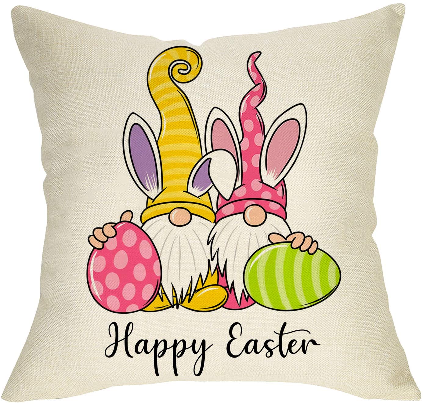 Softxpp Happy Easter Decorative Throw Pillow Cover, Bunny Rabbit Gnomes Sign Cushion Case, Spring Home Egg Decorations Cotton Linen Square Outside Pillowcase Holiday Decor For Sofa Couch