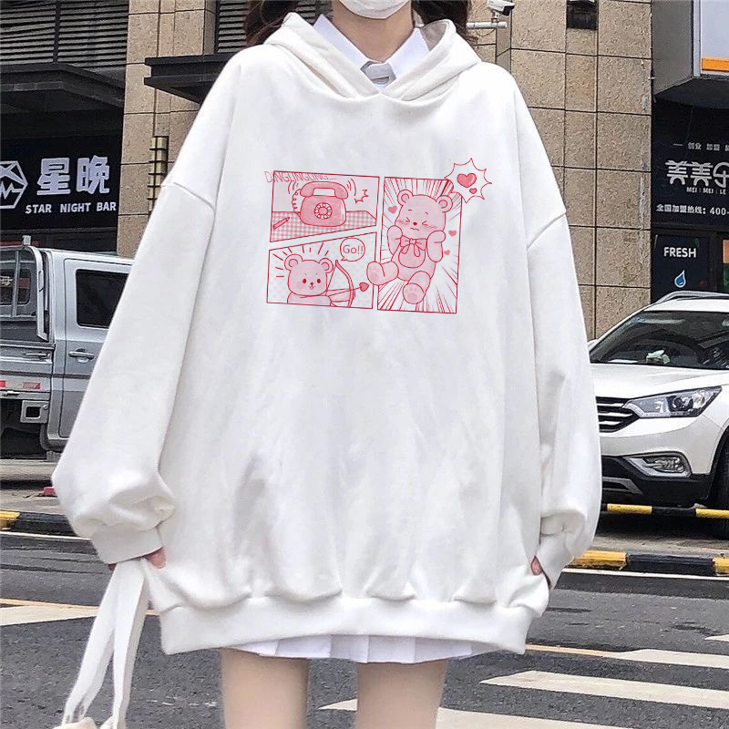 Japan Style Kawaii Hoodies Women Soft Girl Harajuku Bunny Bear Print White Sweatshirt Sweet Tops Cute Clothes Gothic punk tops alx