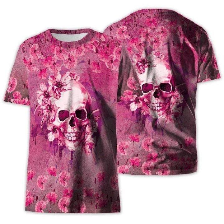 Pink Skull Flower Breast Cancer Awareness Aop T-Shirt #H