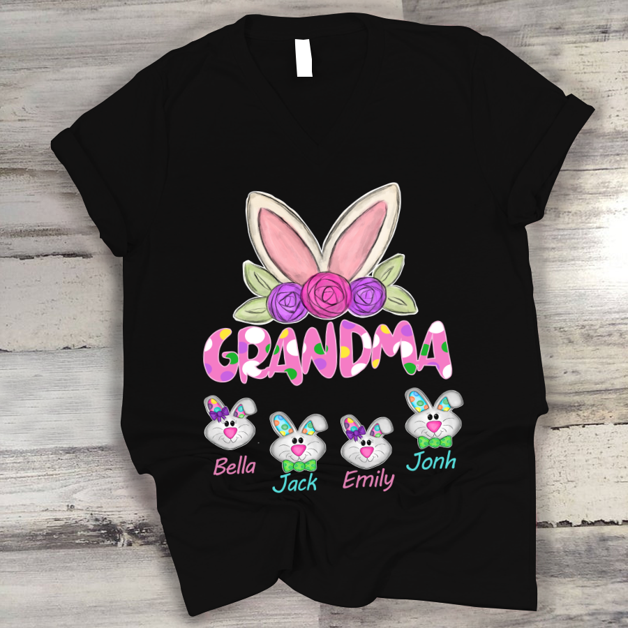 Personalized Grandma Bunny Cute With Grandkids Easter V-Neck