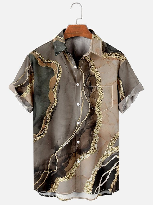 Men Nature Marble Effect Print Casual Breathable Chest Pocket Short Sleeve Hawaiian Shirts