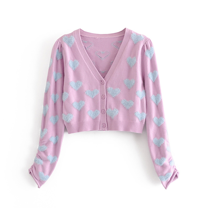 Autumn Fashion Sweet Cute Pink Heart-shaped Women Sweaters Two-piece Suit V-neck Short Cardigans Sweater+Sling Knitted Crop Tops alx