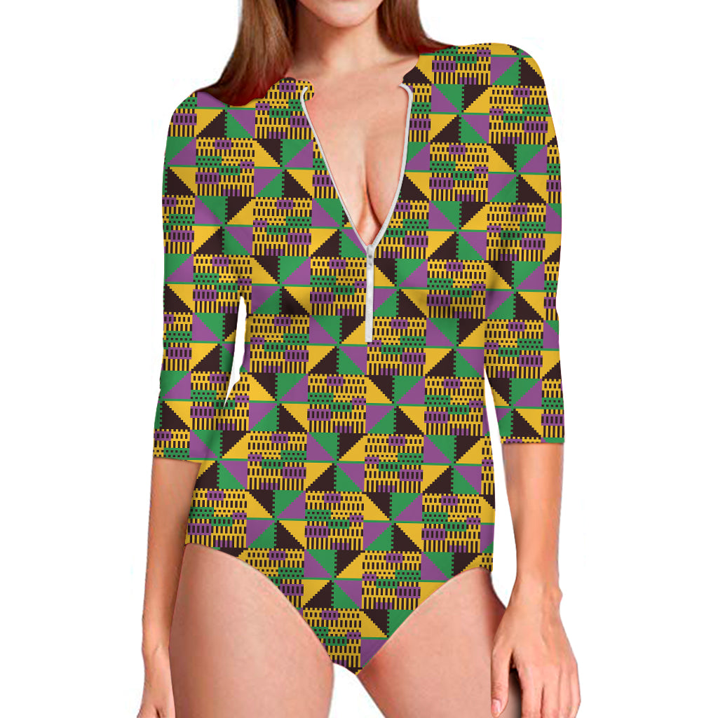 African Kente Pattern Print Long Sleeve One Piece Swimsuit